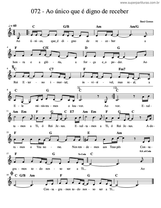 Super Partituras Ao Único Que É Digno De Receber (Bené Gomes), com cifra