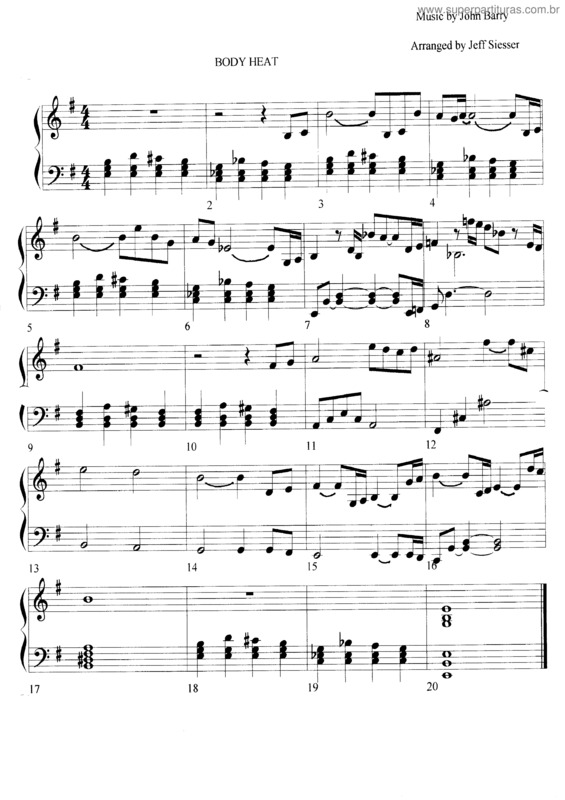 Super Partituras Body Heat (John Barry), com cifra