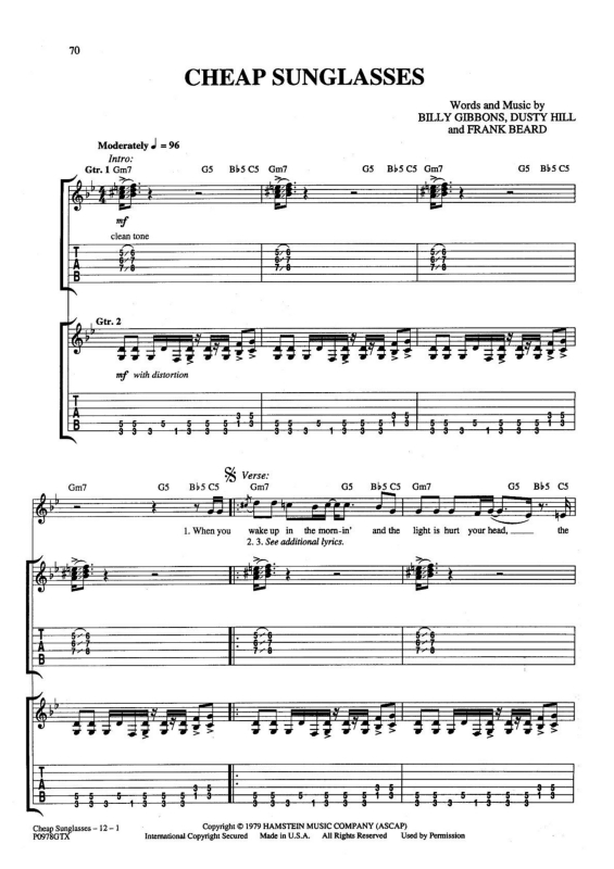 Super Partituras Cheap Sunglasses (ZZ Top, Billy Gibbons, Dusty Hill