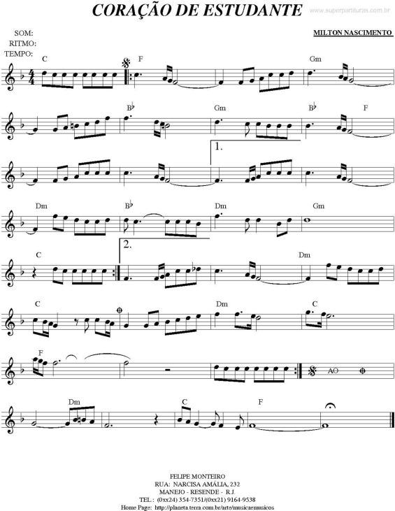 Super Partituras Coração De Estudante (Milton Nascimento), com cifra Super Partituras Coração De Estudante (Milton Nascimento), com cifra