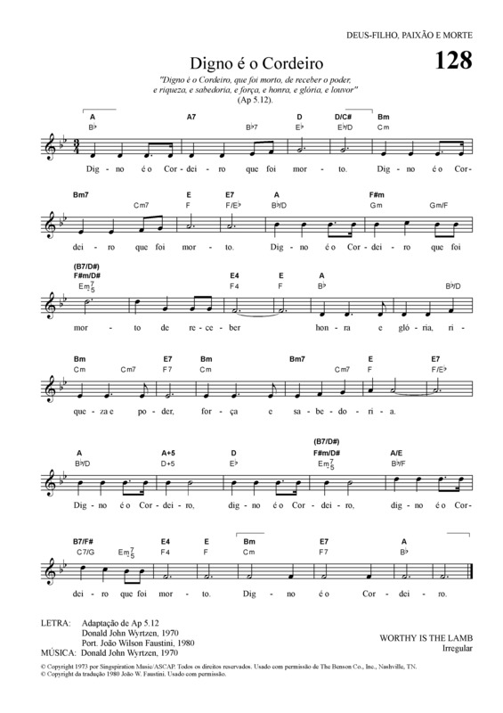 Super Partituras - Digno é O Cordeiro (Hinário do Culto Cristão), com cifra