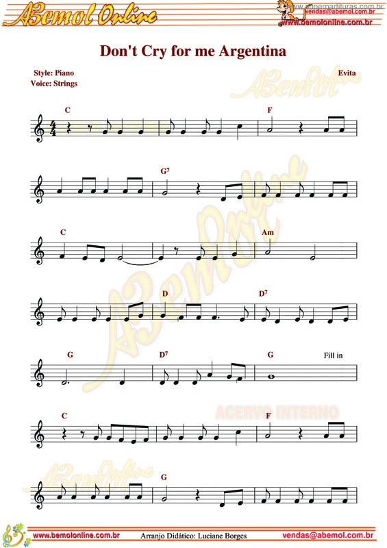 Don't Cry For Me Argentina Karaoke Piano Super Partituras - Don't Cry For Me Argentina v.3 (Evita), com cifra
