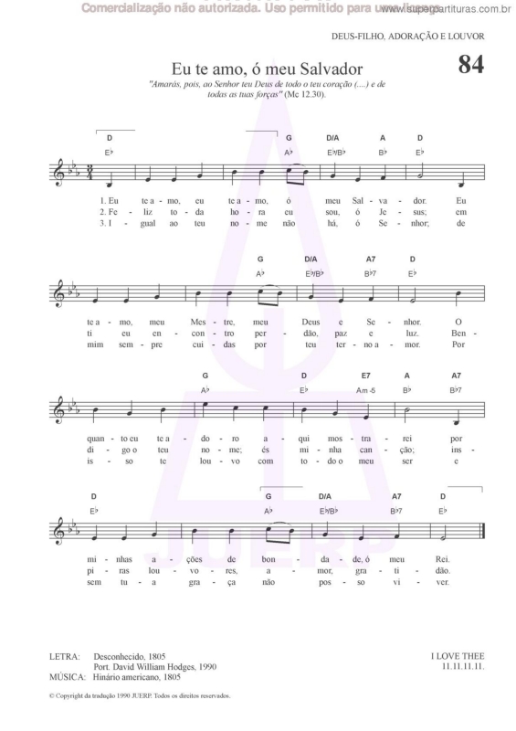 Super Partituras Eu Te Amo, Ó Meu Salvador 84 HCC (Hinário do Culto