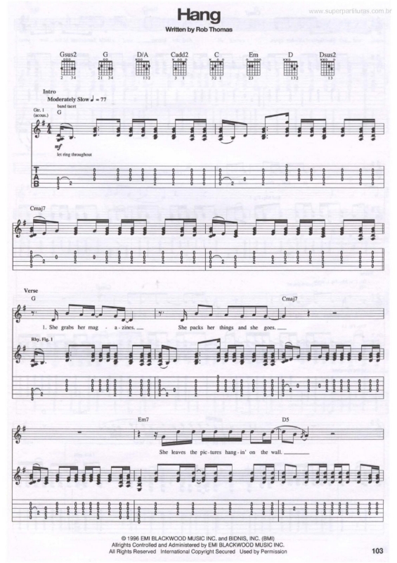 Super Partituras Hang (Matchbox Twenty, Rob Thomas), com cifra