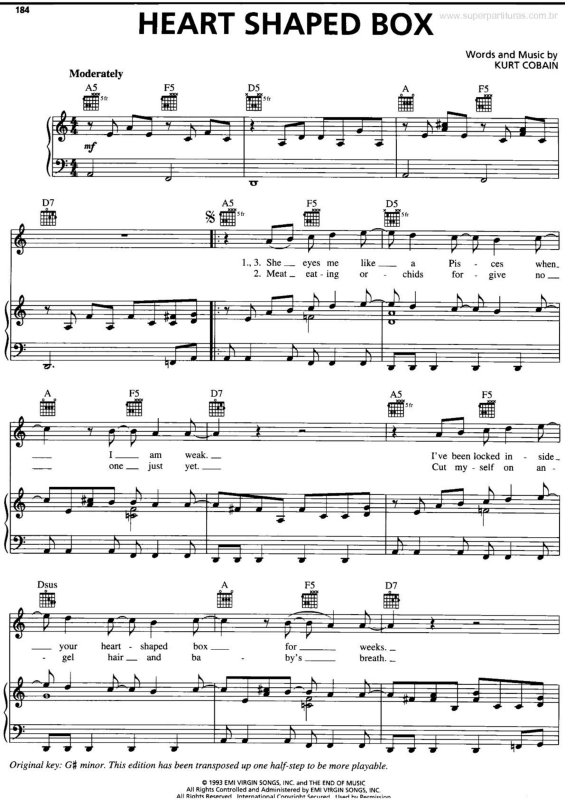 Super Partituras Heart Shaped Box (Nirvana, Kurt Cobain), com cifra