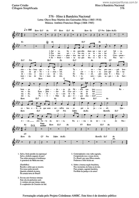 Super Partituras Hino À Bandeira Nacional (Cantor Cristão), com cifra Super Partituras Hino À Bandeira Nacional (Cantor Cristão), com cifra