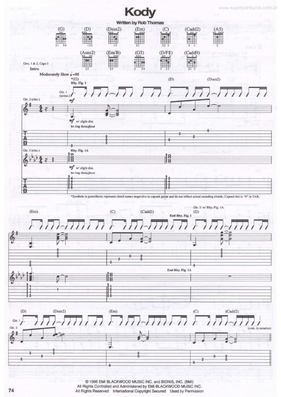 Super Partituras Kody (Matchbox Twenty, Rob Thomas), com cifra