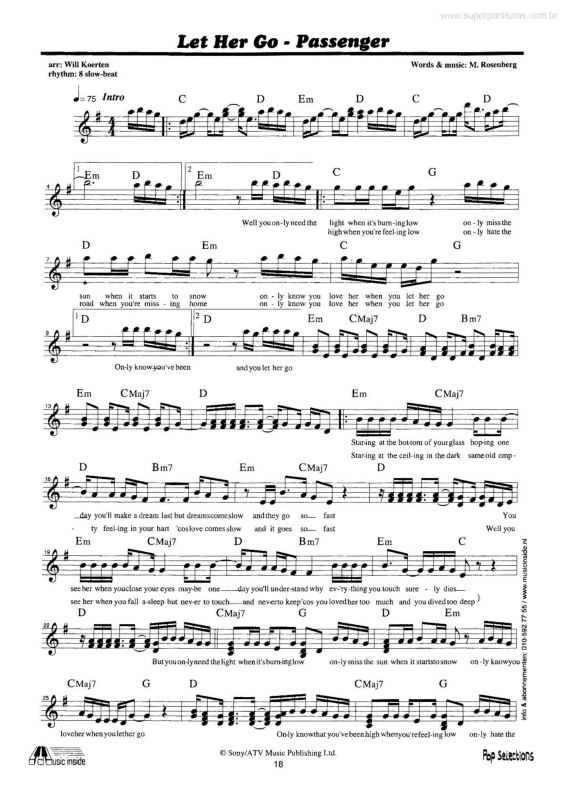 Super Partituras Let Her Go (Passenger, M. Rosenberg), com cifra
