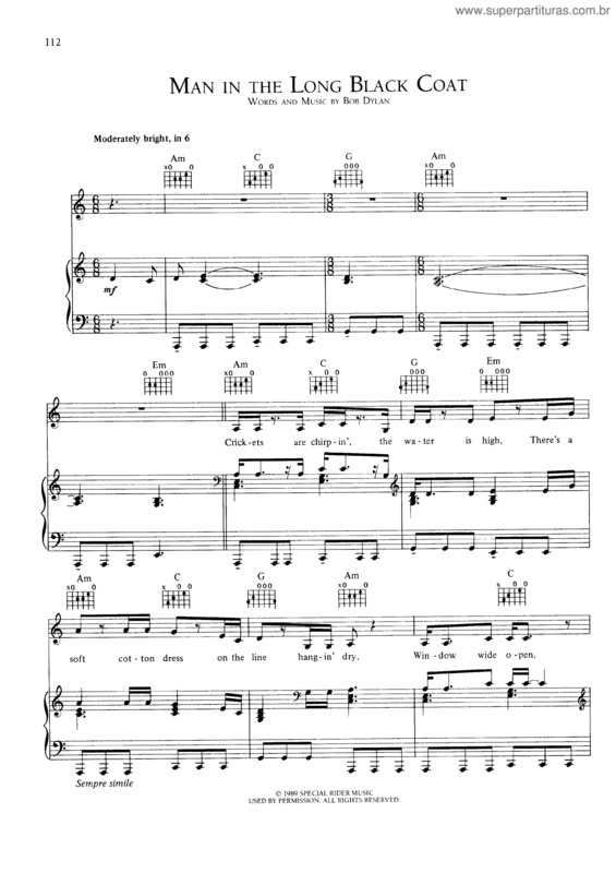 Super Partituras Man In The Long Black Coat (Bob Dylan), com cifra