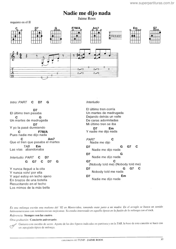 Super Partituras Nadie Me Dijo Nada (Jaime Roos), com cifra