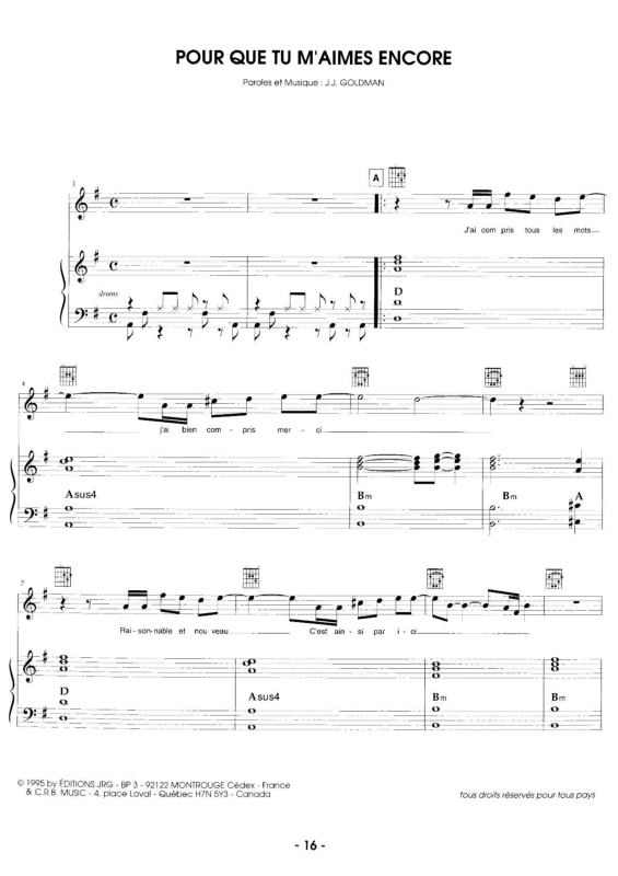 Super Partituras Pour Que Tu M`Aimes Encore (Celine Dion, J. J. Goldman), com cifra