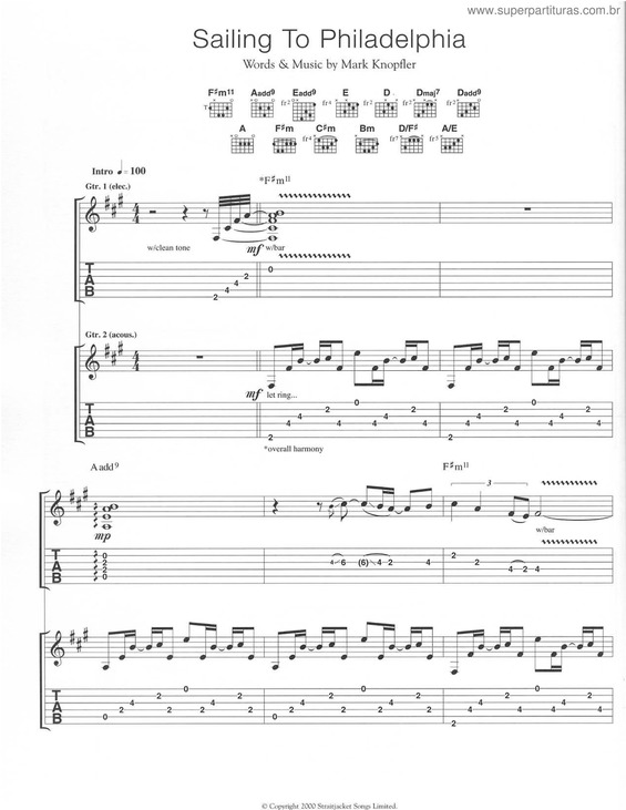 Super Partituras Sailing To Philadelphia (Dire Straits), com cifra