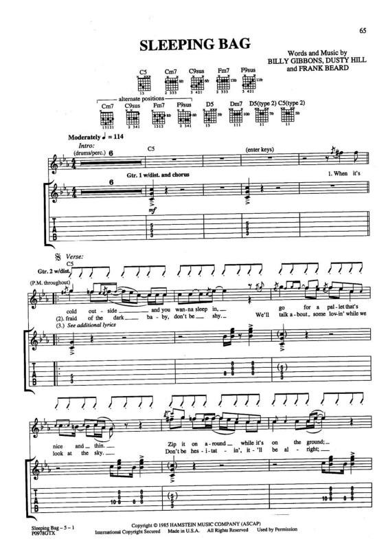 Super Partituras Sleeping Bag (ZZ Top, Billy Gibbons, Dusty Hill, Frank Beard), com cifra