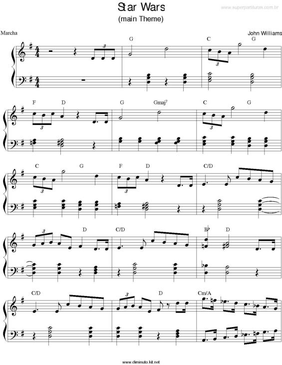 Partitura del tema de Star Wars para flauta dulce y piano