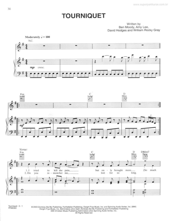 Super Partituras Tourniquet (Evanescence, Amy Lee, Ben Moody, David