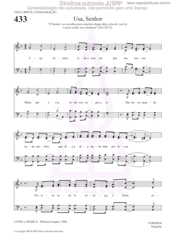 Super Partituras Usa Senhor 433 Hcc V 2 Hinário Do Culto Cristão